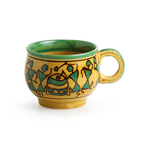 Image of ExclusiveLane Warli Handpainted Ceramic Coffee Mugs Cups Set for Tea of 6 Serving Chai Tea Cups (Set of 6, 220 ML, Sand Yellow, Microwave Safe)