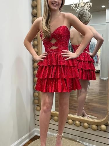 Beaded Sequin Strapless Homecoming Dresses 2025 Tiered Cut Out Short Cocktail Party Dress for Teens Sparkly2