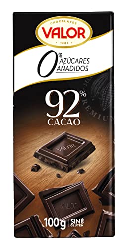 Valor - Chocolate Negro 92% sin Azúcar - Sin Gluten - 0% Azúcares añadidos. Chocolate Negro Valor apto para Celiacos. Endulzado con Stevia - 100 Gramos