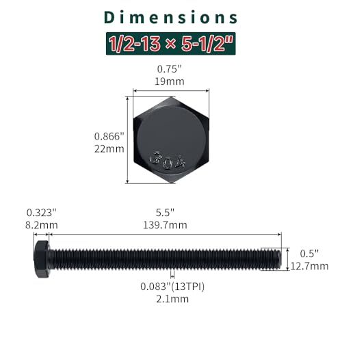 Image of 1 /2-13 x 5-1 /2 inch Hex Bolts with Nuts and Washers (4 Sets), 18-8 (304) Stainless Steel, External Hex Drive, Black Oxide Coated Hexagon Head Bolts Screws, Fayeploo