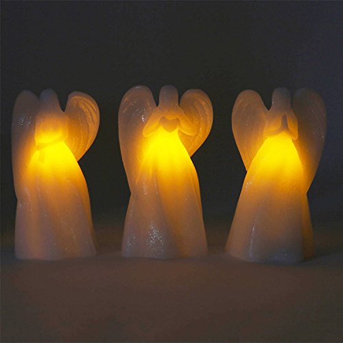 Angel Flameless Candles - Set of 3 Guardian Angel Figurines with LED Lights, 7 Inch, White Glitter Wax, Battery Operated, 5 Hr Timer - Sympathy Gift, Easter Decoration or Religious Decor