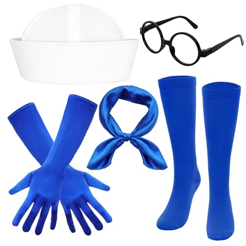 Bgfhna 5 PCS Halloween Sailor Costume Sailor Hat Scarf Gloves Blue Athletic Compression Socks Glasses for Men Women Dress Up