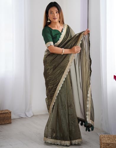 Image of SIRIL Women's Shimmer Net Lace Border Dual Tone Saree with Unstitched Blouse Piece