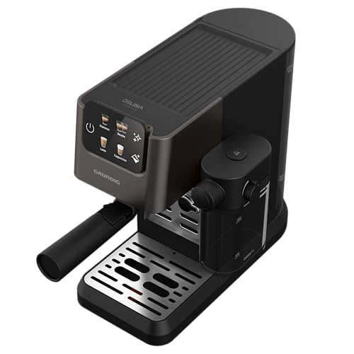 GRUNDIG KSM 5330 Siebträgermaschine mit integriertem Milchbehälter, 1628 W Leistung, 15 bar Pumpendruck, Zweifachdüse, farbiges Touch-Display, BrewSense, CreamyPro, Dark Inox/Schwarz