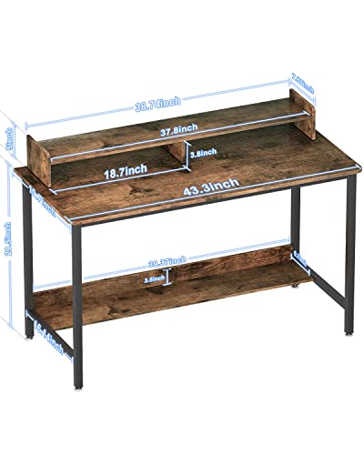 Woodynlux Computer Desk With Shelves, 43 Inch Gaming Writing Desk, Study Pc Table Workstation With Storage For Home Office, Living Room, Bedroom, Metal Frame, Rustic. #TOP2