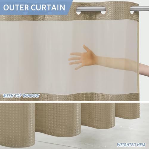 Image of Furlinic Extra Long Waffle Weave No Hook Shower Curtain with Snap in Liner,Heavy Duty Textured Fabric Bathroom Curtains,Hotel Style with Mesh Top Window,Waterproof & Machine Washable,Beige,71x96
