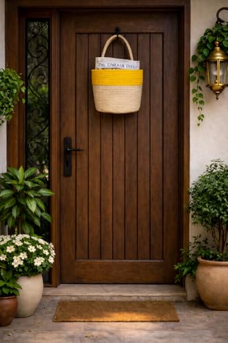 Image of JASMEY HOMES Wall Hanging Jute Basket for Vegetables /Newspaper Storage Box for Home /Milk Basket for Main Door Hanging (Color-Yellow)