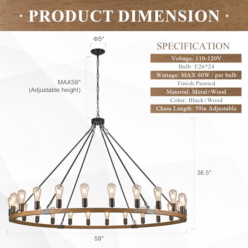 Image of Oak Wooden Wagon Wheel Chandelier 24-Light 59 inch Light Fixture