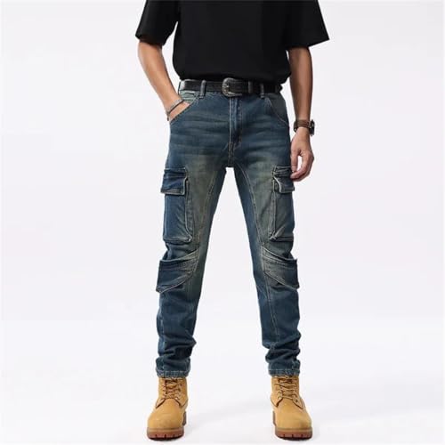 Men's Multi-Pocket Jeans Fashionable Stitching Retro Slim Jeans4