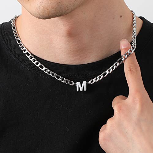 Initial A-Z Figaro Chain Necklace for Men Women Letter Pendant Stainless Steel 6.5mm 18+2 Inches Jewelry Gift for Him Boyfriend Husband3