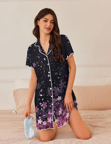 Image of Ekouaer Nightgowns for Women Button Down Sleep Shirt Short Sleeve NightShirts Boyfriend Sleepdress Soft Pajama Dress