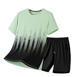 Generisch 2027 Lässiger Herren-Sportanzug aus Seide für Eiskunstlauf, Sommer-Outdoor-Fitness-Set im 情侣-Stil, Kurzarmanzug (Light Green, XXXXXL)