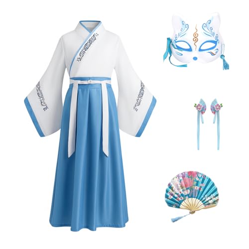 CRFASIBE Hanfu Robe Chinois Enfants, Deguisement Chinoise Fille Costume, Enfants Costumes Cosplay Vêtement avec Accessoires(Bleu Clair, 150cm)