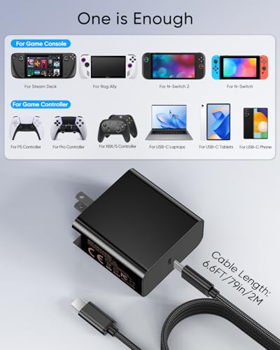 65W USB C Fast Charger for Steam Deck,Nintendo Switch 2 & ROG Ally, MENEEA PD 3.0 Foldable AC Adapter with 6.6FT USB-C Charging Cable Cord,Accessories for Steam Deck TV Dock/Nintendo Switch 2 Charger - Image 5