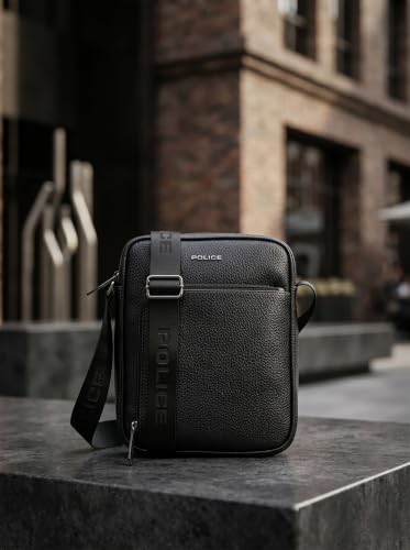 Image of Police Premium Grainy Texture Crossbody Bag for Men & Women | 2 Compartment Office Sling Bag | Adjustable Shoulder Strap | Front Utility Pocket | Compact Lightweight Travel Bag | Black
