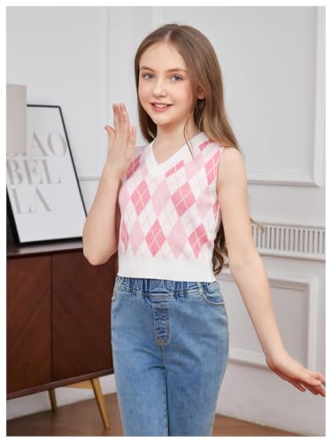 Image of OYOANGLE Girl's Argyle Plaid V Neck Sweater Vest Sleeveless Preppy Casual Pullover Knitted Tank Tops