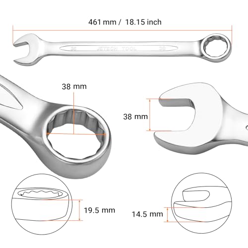 Image of Jetech 38mm Combination Wrench, Metric 12-Point Chrome Vanadium Steel Spanner, Industrial Grade with 15-Degree Offset, Sand Blasted Finish, Heat-Treated Forged Tool