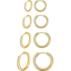 Aros Dorados Mujer 4 Pares Pendientes de Aro de Acero Inoxidable Anillos de Labios Nariz Pendientes de Aro Pequeños de Cartílago para Hombre y Mujer (8 mm, 10 mm, 12 mm, 14 mm, Oro)