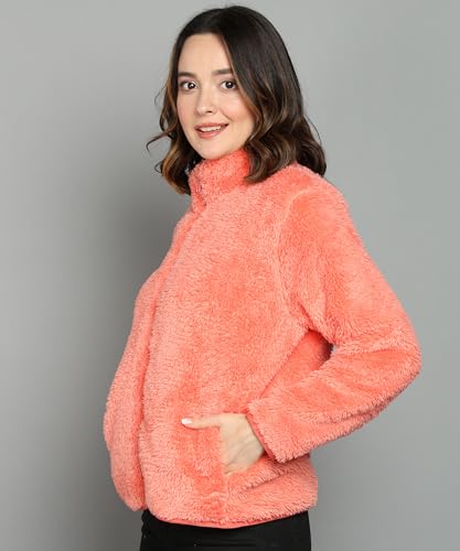 Image of Alan Jones Clothing Women's Fluffy Yarn Fleece Full-Zip Jacket | Soft Lightweight Warm Outerwear with Stand Collar & Piping at Hem & Cuffs