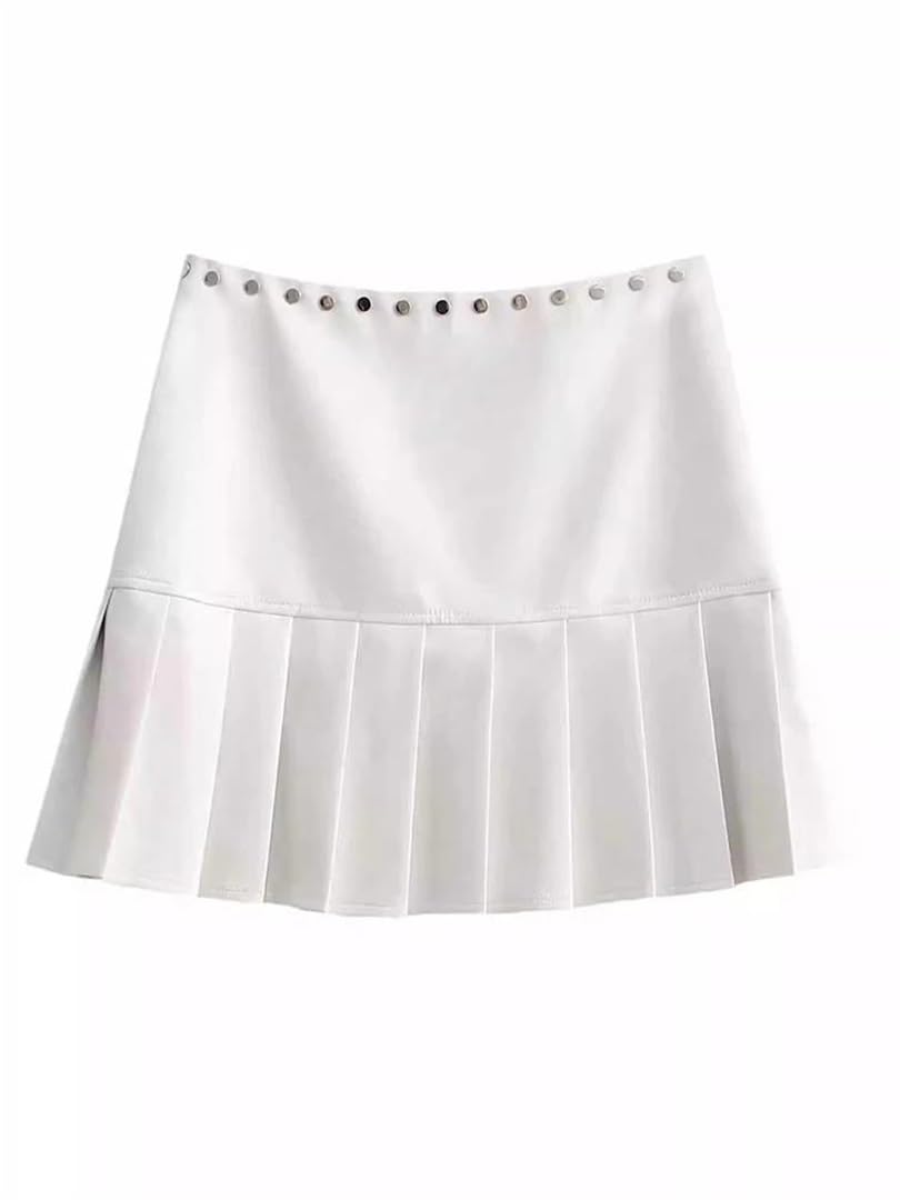 Minifalda plisada de piel sintética para mujer, color blanco, cintura alta, remache con abertura lateral, falda corta