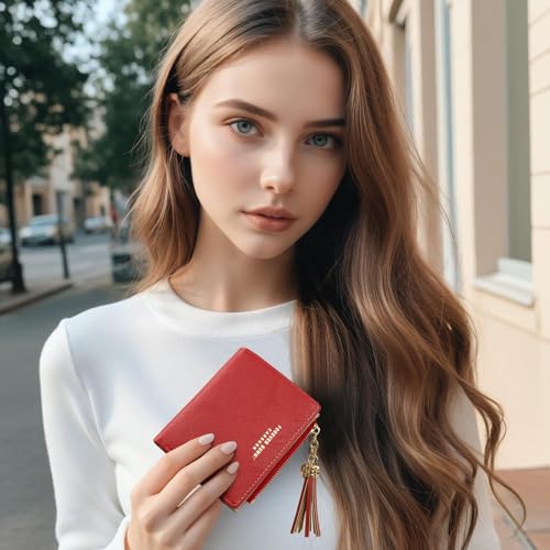 Image of KOTORA Womens Small Wallet Girls Tiny Slim Wallets Pretty Mini Card Holder Thin Short Zip Coin Purse with Love Pendant and Tassels (Red02)