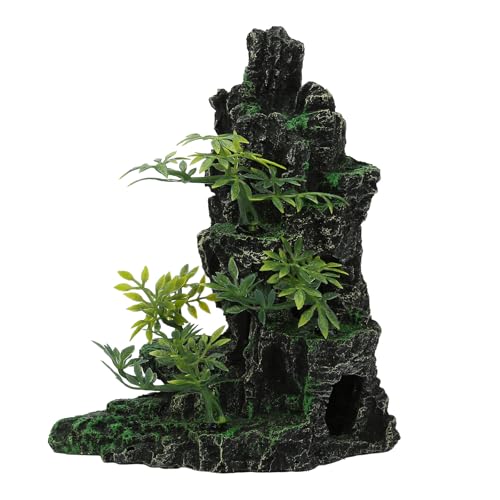 Aquarium Decorations Mountain View Stone Ornaments - Resin Fish Tank Decor with Artificial Grass, Realistic Rock Cave Ornaments for Betta Fishs, Shrimp and Guppy, Natural Fish Tank Accessories