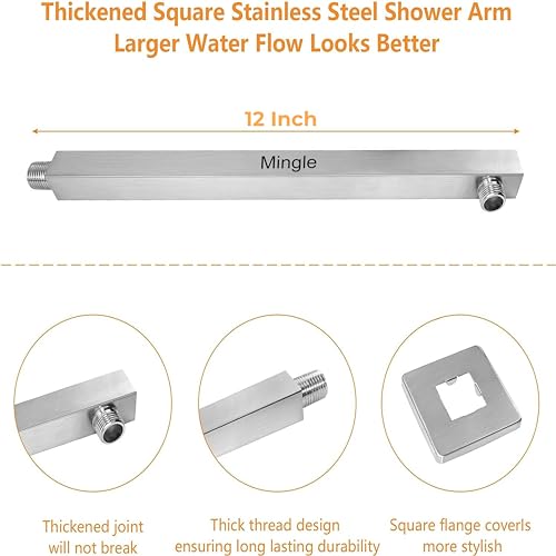 Image of Mingle Shower Head | Shower with Sqaure Arm | 304 Stainless Steel | Overhead Shower | Shower Head For Bathroom | Wall Mounted Overhead Shower | Rain Shower Head (6X6 + 12 INCH SQ ARM)