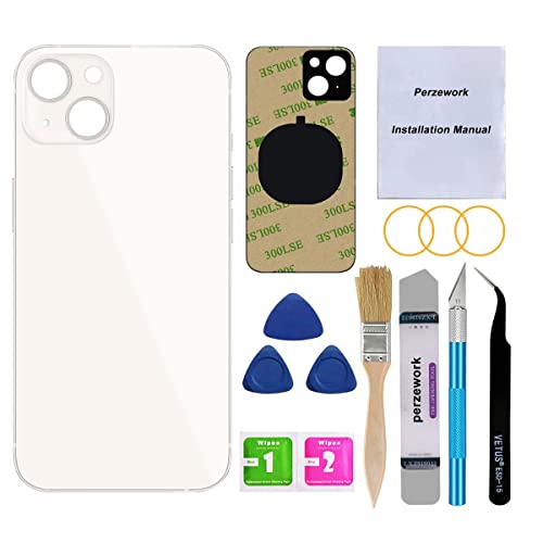 Perzework OEM Rear Back Glass Replacement (White) Compatible with iPhone 13 6.1 inches All Carriers with Pre-Installed Adhesive and Repairing Tool Kits