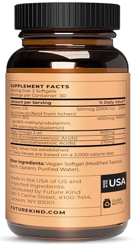 Future Kind Vegan Multivitamins - Glass Bottle & Made for Vegans w/Omega 3 DHA+EPA, Vitamin B12 & D3 - Vegan Vitamin for Energy, Focus, & Mood - Vegan Vitamins for Women & Men, 60 Tiny Softgels - Image 6