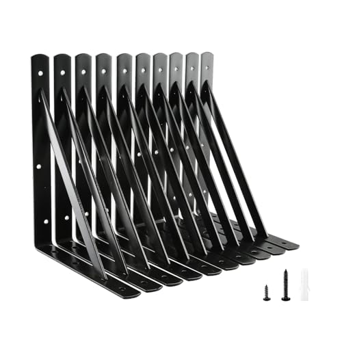 HOME MASTER HARDWARE 12 inch x 8 inch Heavy Duty Shelf Brackets, Load Capacity: 600lb, Black Metal 90 Degree Supports for Shelves 10-Pack, Wall Mounted L Bracket for Floating Shelving with Screws
