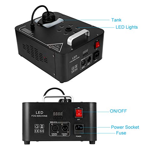 Image of 1200W Fog Machine, Smoke Machines for Stage Effect, Halloween Mist Maker with 6 Full‑color LED Chips Remote Control Fog Machine for Holiday Wedding Christmas Parties, About 15000cu ft /min