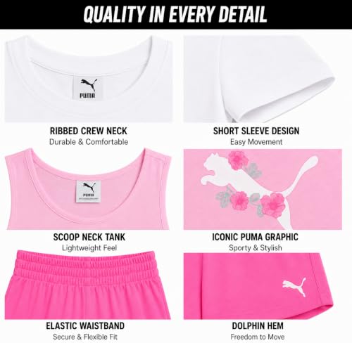 Image of PUMA Girls Active Shorts Set - 3 Piece Performance T-Shirt, Tank Top, Gym Shorts - Summer Athletic Outfit for Girls (7-14)