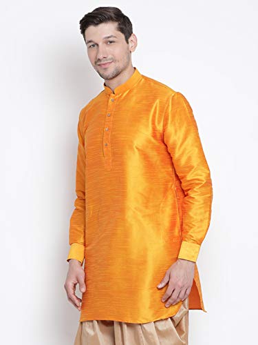 Image of Vastramay Men's Gold Curved Shape Pathani Style Silk Cotton Kurta - Mid-Length with Buttoned Cuff, Soft & Comfortable Ethnic Wear