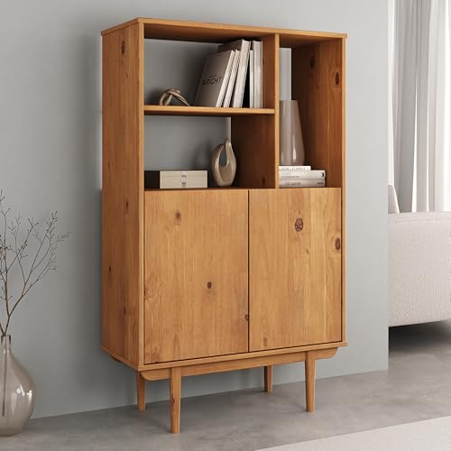 IDIMEX Buffet Haut Simona 80x133 cm en Bois Massif Coloris chêne avec 2 Portes et Étagères, Vaisselier en Hauteur, Style Vintage Scandinave Années 50,...