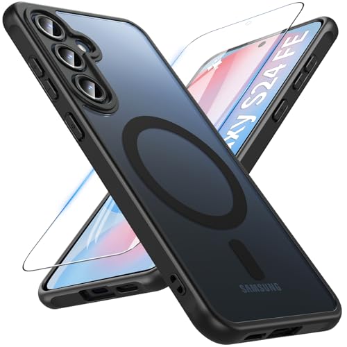 Image of OWKEY for Samsung Galaxy S24 FE Case 6.7'', Magnetic Galaxy S24 FE Case for Magsafe with Tempered Screen Protector [Shockproof Military] Translucent Matte Bumper Phone Cover Samsung S24 FE 5G, Black