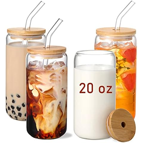 20 OZ Glass Cups with Bamboo Lids and Glass Straw - 4pcs Set Beer Can Shaped Drinking Glasses, Iced Coffee Glasses, Cute Tumbler Cup for Smoothie, Boba Tea, Whiskey, Water - 2 Cleaning Brushes Cover