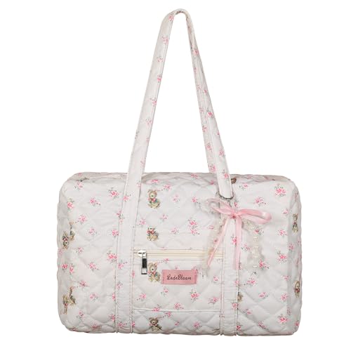 Coquette Bag with Bow Keychain - Quilted Tote Bag with Zipper Weekender Bags for Women Floral Travel Duffel Bag Cute Quilted Duffle Bag Spring Travel Bag Carry on Handbag for Travel Family Trip
