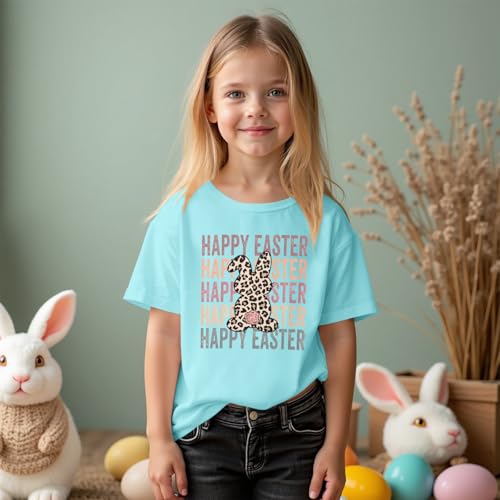 Image of Kid Girls Easter Shirts Happy Easter T-Shirt Funny Leopard Bunny Outfit Short Sleeve Tees Tops Holiday Clothes 7-12Y