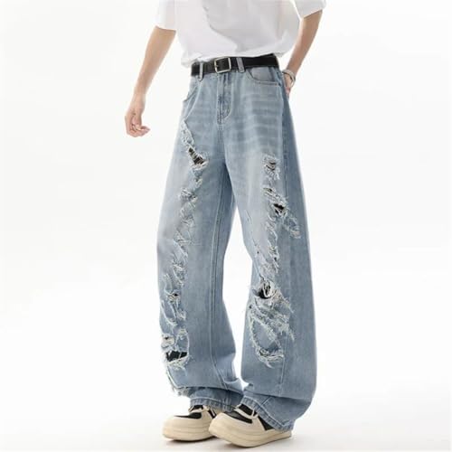 Men's American Style Distressed Tie Dye Jeans Washed Loose Wide Leg Solid Color Hole Denim Pants2