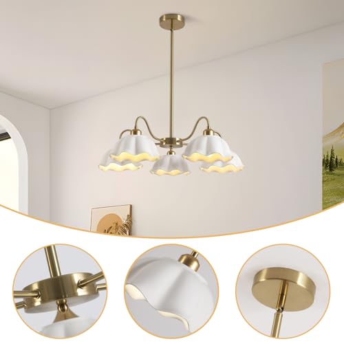 Image of 5-Light Gold Sputnik Chandelier Semi Flush Mount Chandelier Mid Century Modern Sputnik Chandelier with White Ceramic Shade Living Room Finish Brass Chandelier