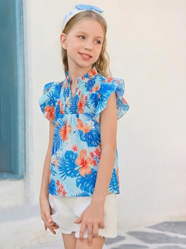 Image of Haloumoning Girls Ruffle Short Sleeve Floral Chiffon Blouses Kids Summer Shirts Tops 5-14 Years