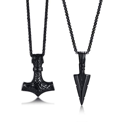 Vnox 2 Pcs Norse Viking Necklace For Men Thors Hammer Norse Mjolnir Amulet Pendant Necklace With Spearpoint Arrowhead Necklace,Viking Gift For Men #TOP26