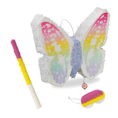 Relaxdays Piñata Papillon avec bâton, Masque, pour Enfants, Anniversaire, à remplir, 48x58x10 cm, colorée