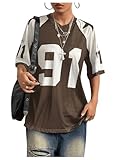 SHENHE Women's Oversized Graphic Football Jersey Shirt Mesh Short Sleeve Tee Top Streetwear Coffee Brown Medium