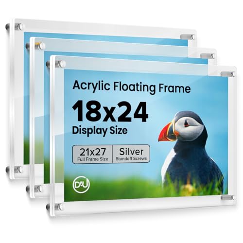 Frameless Floating Acrylic Frame 18"x24" (3 Pack)-Clear Picture Frame for Diploma,Wall Art,Photo, & Paintings, Heavy Duty Acrylic Floating Frames, Wall-Mounted Picture Frames, Rectangular Photo Holder