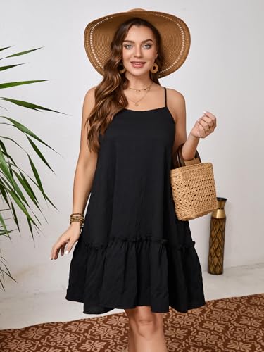 Image of SOLY HUX Women's Plus Size Ruffle Hem Cami Mini Dress Spaghetti Strap Swig Flowy Summer Loose Short Dresses