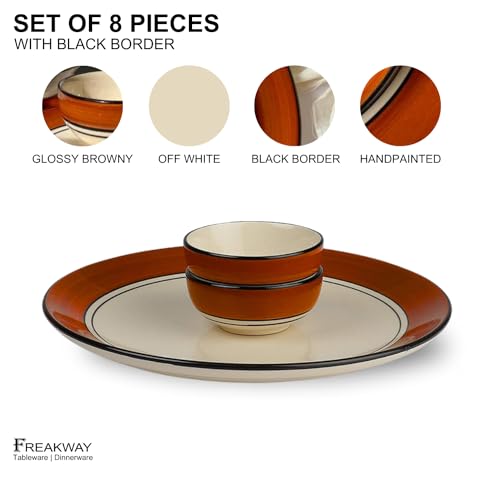 Image of Freakway Solid Glossy Finish Brown and White Handcrafted Dinner Set Ceramic Stoneware Dinner Set of 8 Pieces | 4 Dinner Plates & 4 Serving Bowl | Dishwasher & Microwave Safe - Multicolor