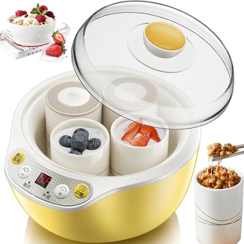MAHWER Yogurtera automática de 1000 ml con Pantalla LED y Temporizador, Recipiente de Acero Inoxidable de 1000 ml y 4 Vasos de 250 ml, for Yogur, Queso y natto.