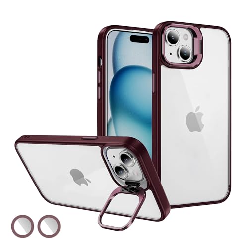 Image of Vaku Luxos Thermoplastic Polyurethane Lens Flip Back Cover For iPhone 15 Plus Stand Holder Back Case With Lens Guard Scratch Resistant Slim Thin Military-Grade Protection-Cherry