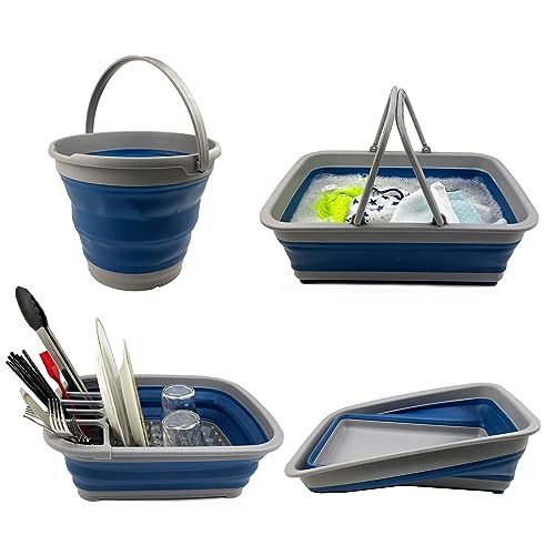 SAMMART Combo Collapsible Plastic Washing up Set, Bucket, Dish Drainer, Dish tub and Laundry Basket with Handle - Space Saving, Camping Set, Picnic Set, (Grey/Mist Blue(Set of 4))